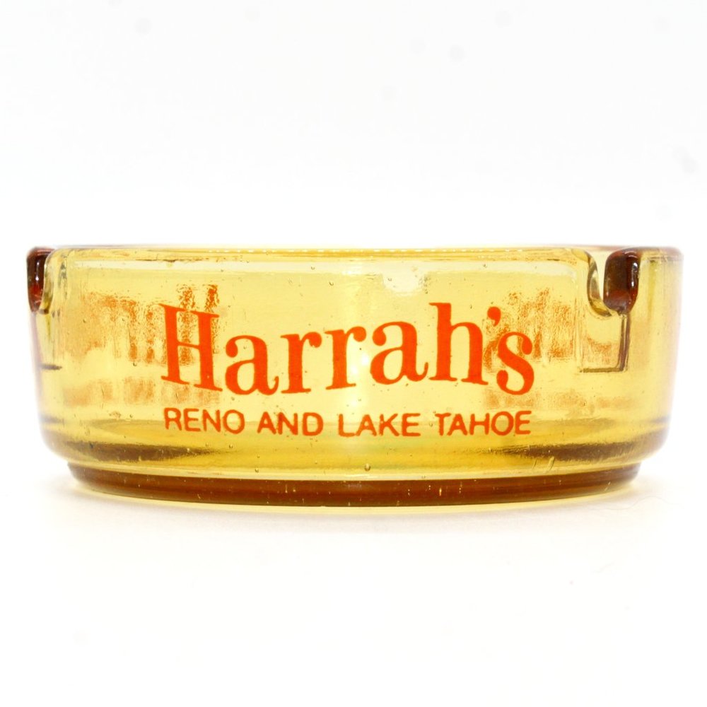Vintage Amber Harrah's Casino Floor Reno Lake Tahoe Advertising Glass Ashtray